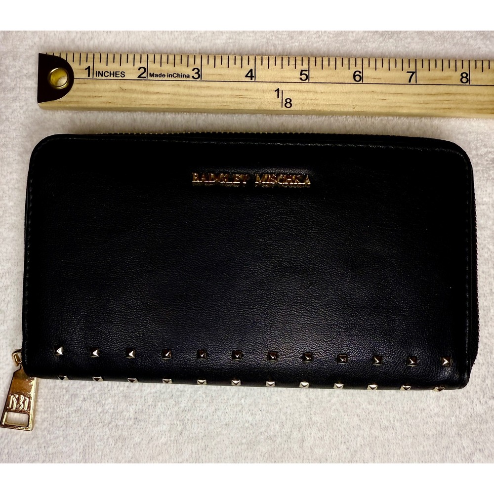 Badgley Mischka Black Studded Zip Around Wallet Gold Hardware Logo Long Clutch - Picture 3 of 8